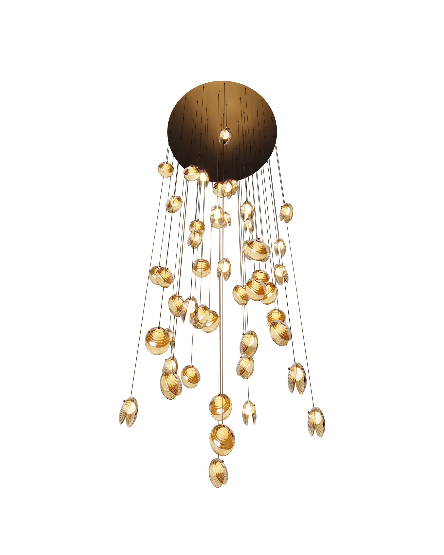 Akoya 117 L02 لوستر 50 شاخه وید و لابی آکویا Akoya قطر کفی 117 - با رنگ حباب عسلی و از نمای پایین و به رنگ روشن- مدنور modnoor