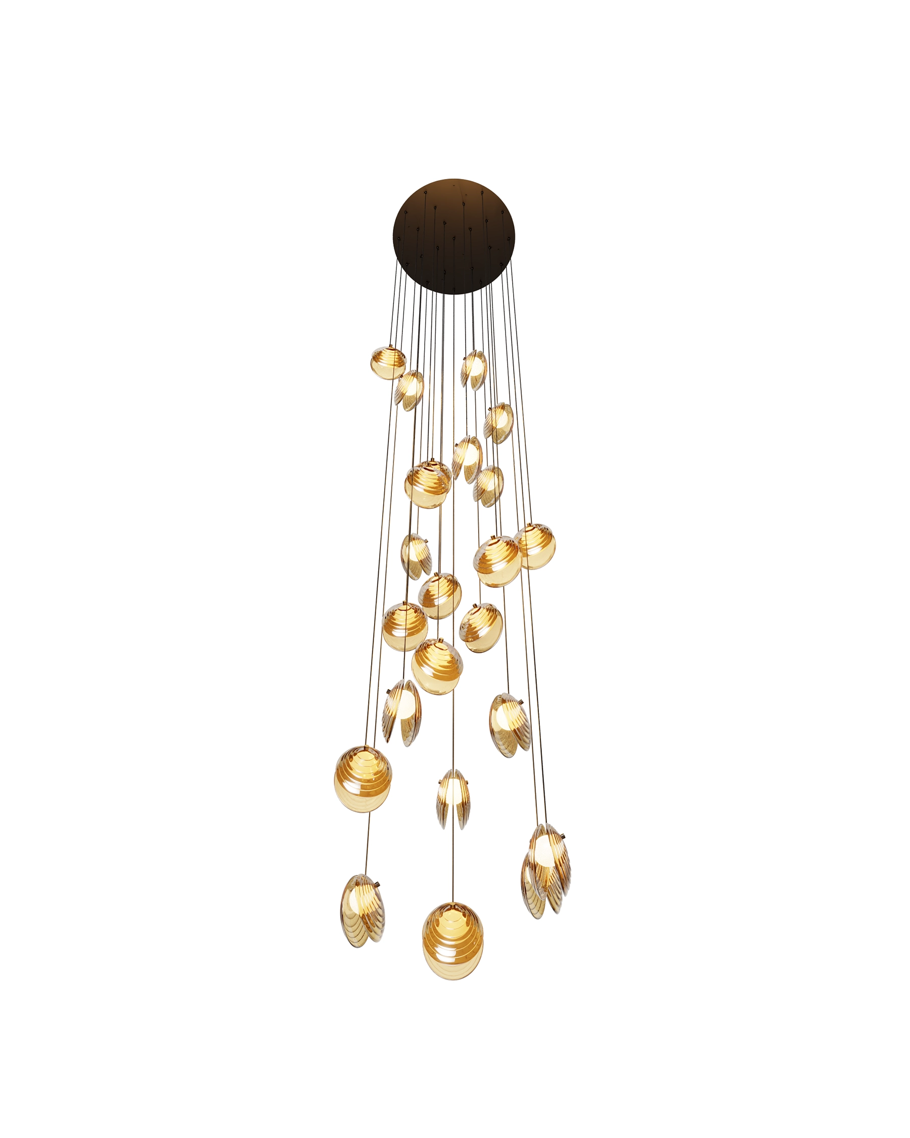 Akoya 57 L 02 لوستر 25 شاخه وید و لابی آکویا Akoya با کفی قطر 57 و رنگ حباب عسلی از نمای پایین - مدنور modnoor