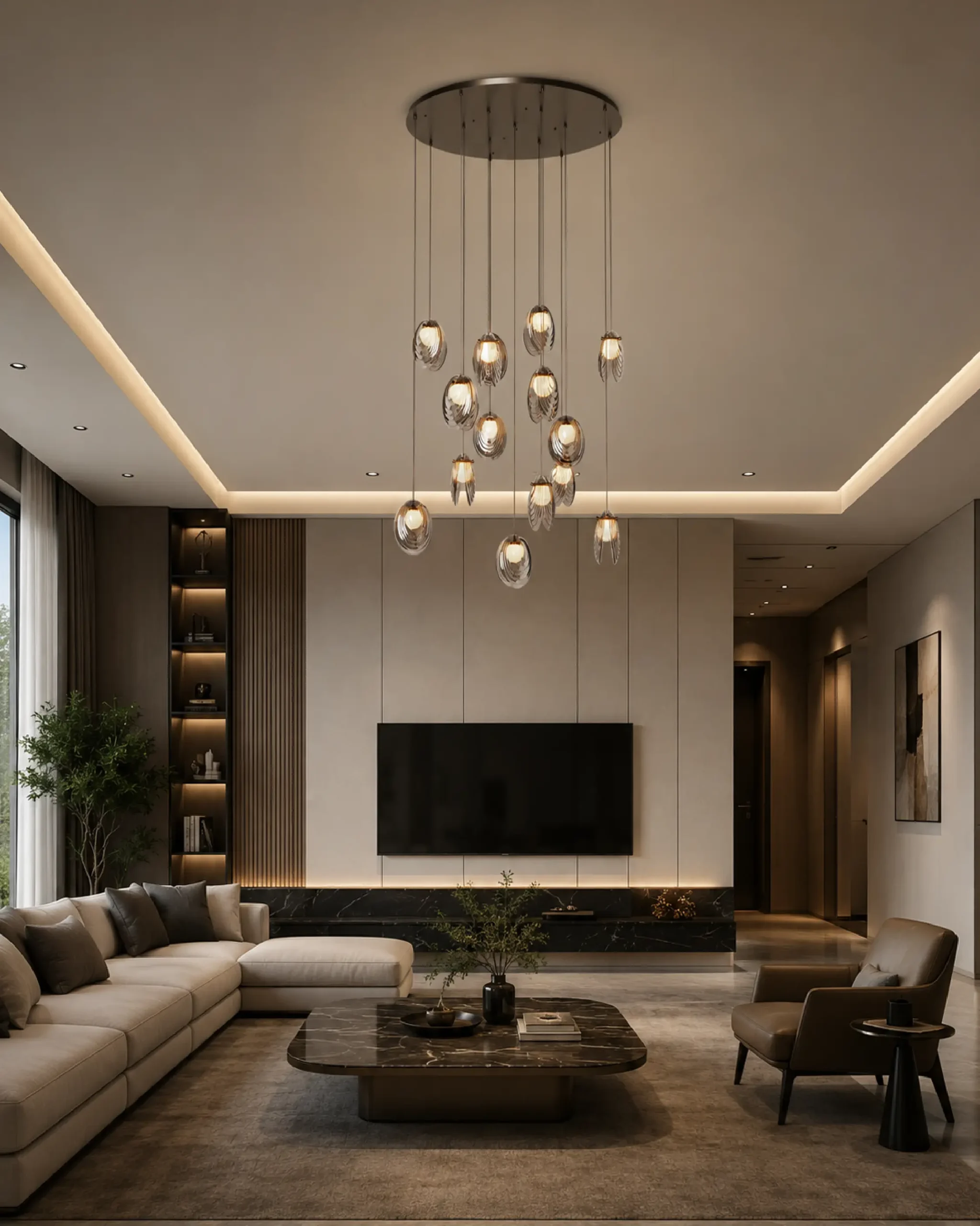 Akoya_87cm-03 لوستر قطر 87 آکویا با 15 آویز و رنگ حباب دودی- مدنور