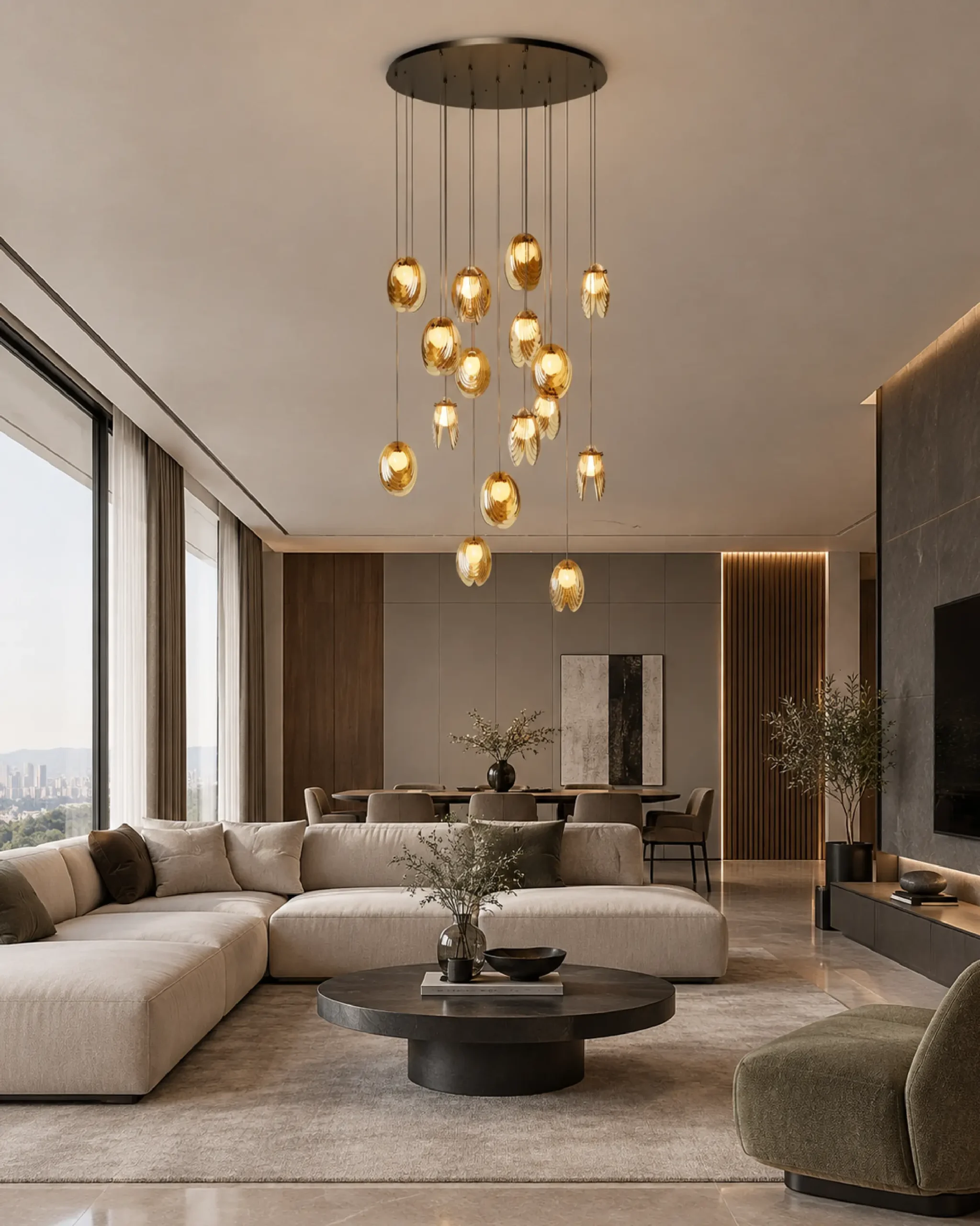 Akoya_87cm-08 لوستر آکویا قطر 87 و با 15 آویز با حباب هایی به رنگ عسلی- مدنور