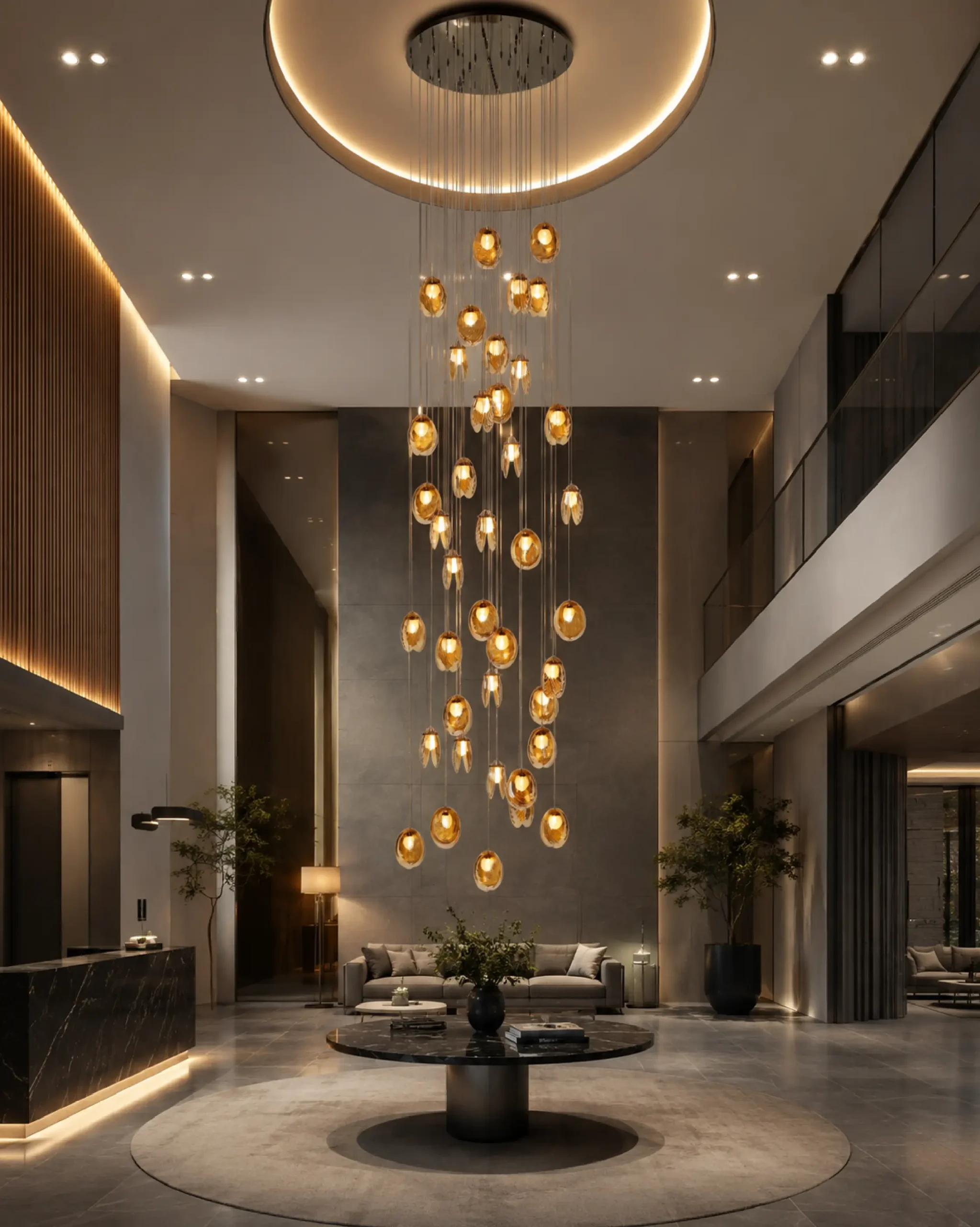 Akoya_87cm_Lobby-08 لوستر 40 شاخه وید و لابی آکویا و مناسب برای وید و لابی با رنگ حباب عسلی- مدنور