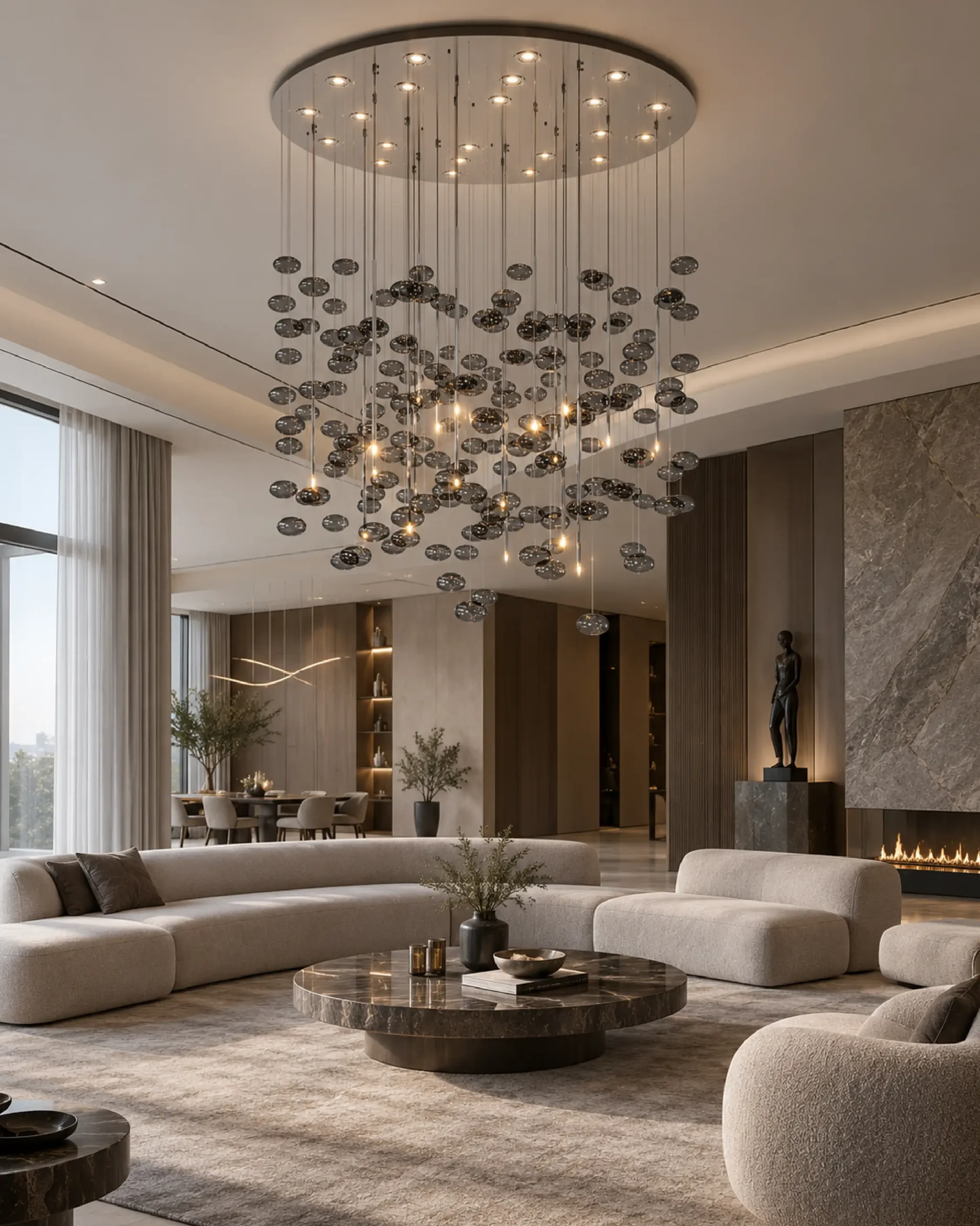 Rain_120cm-02 آویز دایره قطر 120 رین Rain با حبابهای دودی و در حالت روشن - مدنور