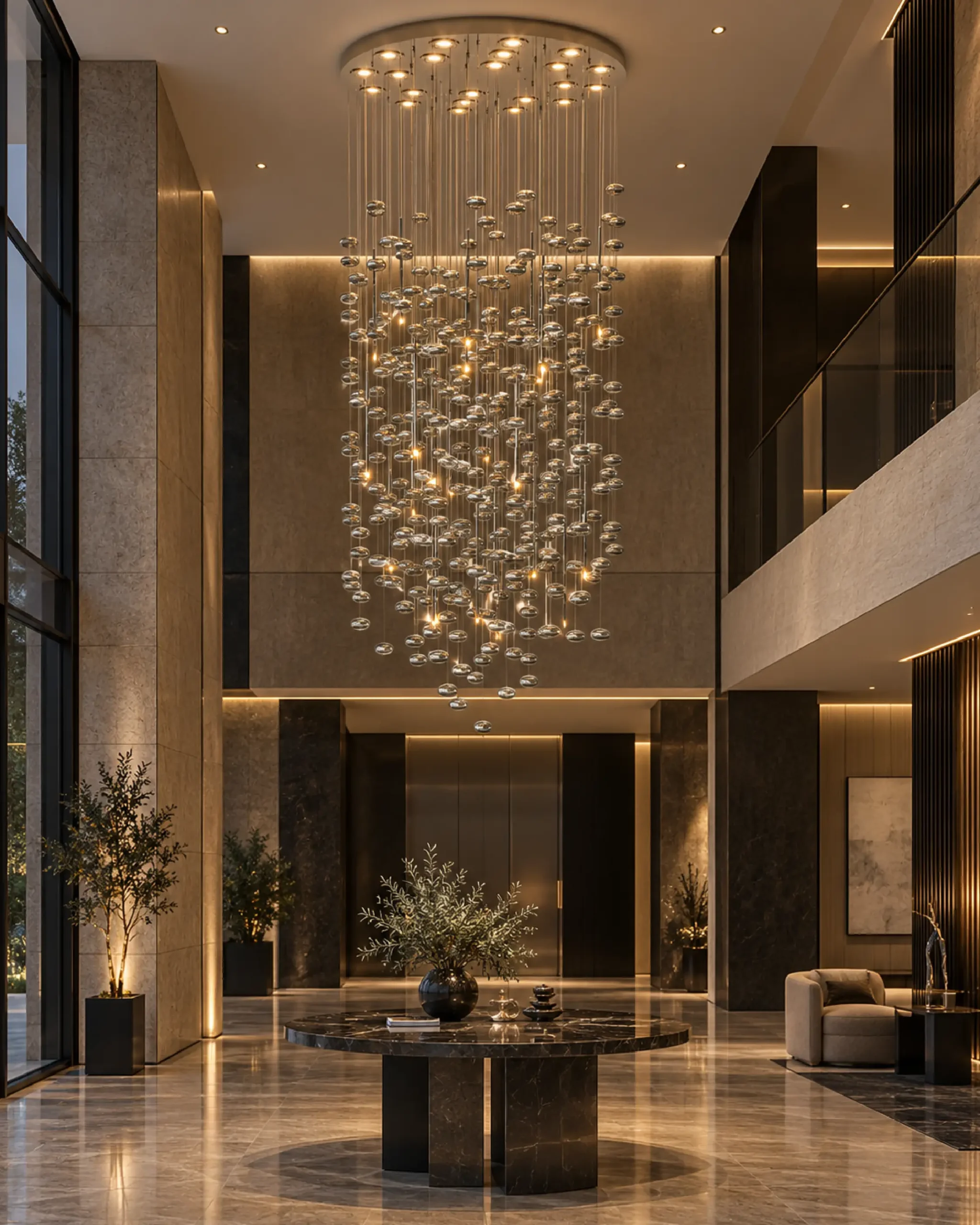 Rain_120cm_Lobby-01 لوستر وید و لابی قطر 120 رین Rain در حالت روشن و با حباب های دودی و به صورت اجرا شده در محیط- مدنور