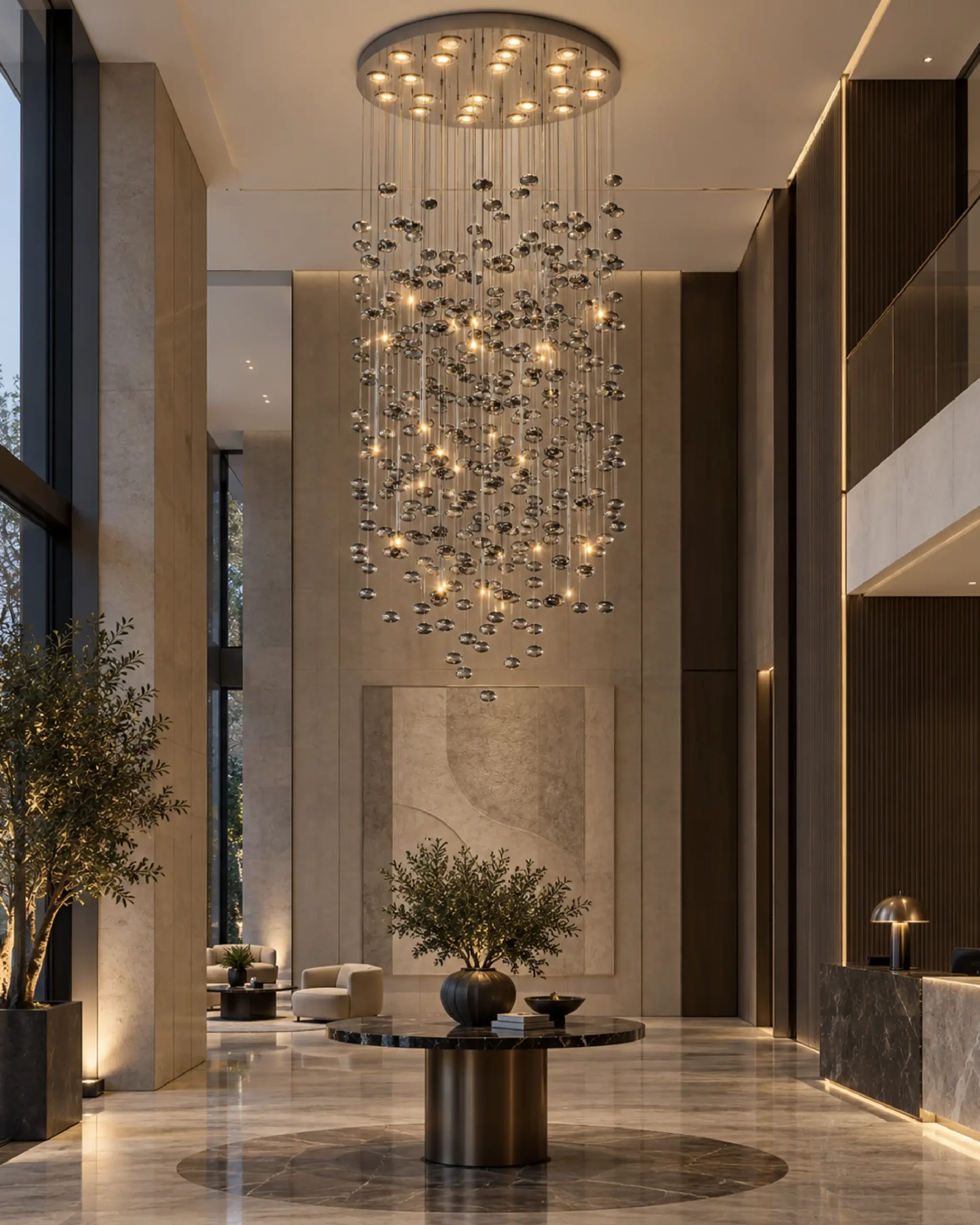 Rain_120cm_Lobby-02 لوستر وید و لابی قطر 120 رین Rain در حالت روشن و با حباب های کروم و به صورت اجرا شده در محیط- مدنور