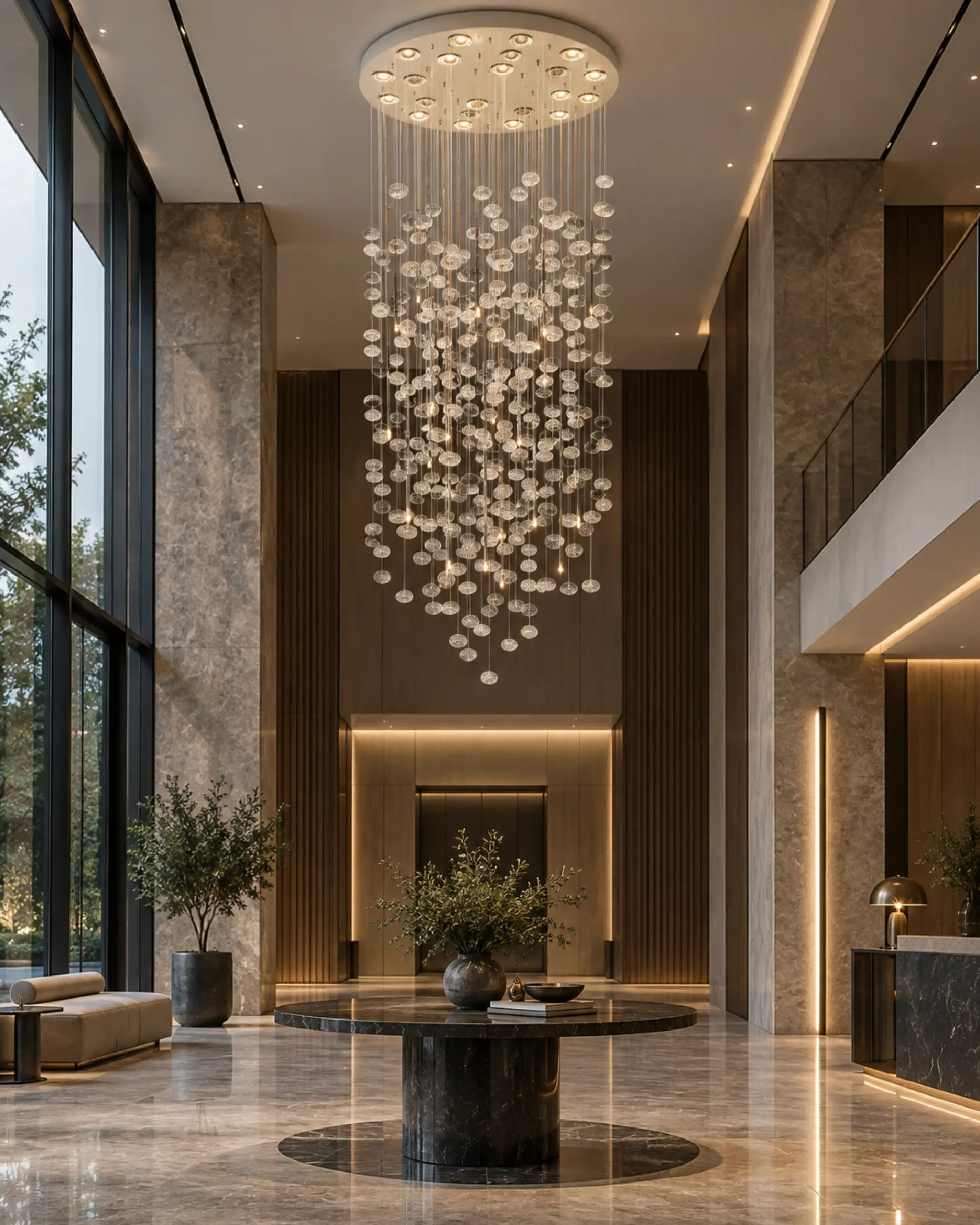 Rain_120cm_Lobby-03 لوستر وید و لابی قطر 120 رین Rain در حالت روشن و با حباب های شفاف و به صورت اجرا شده در محیط- مدنور