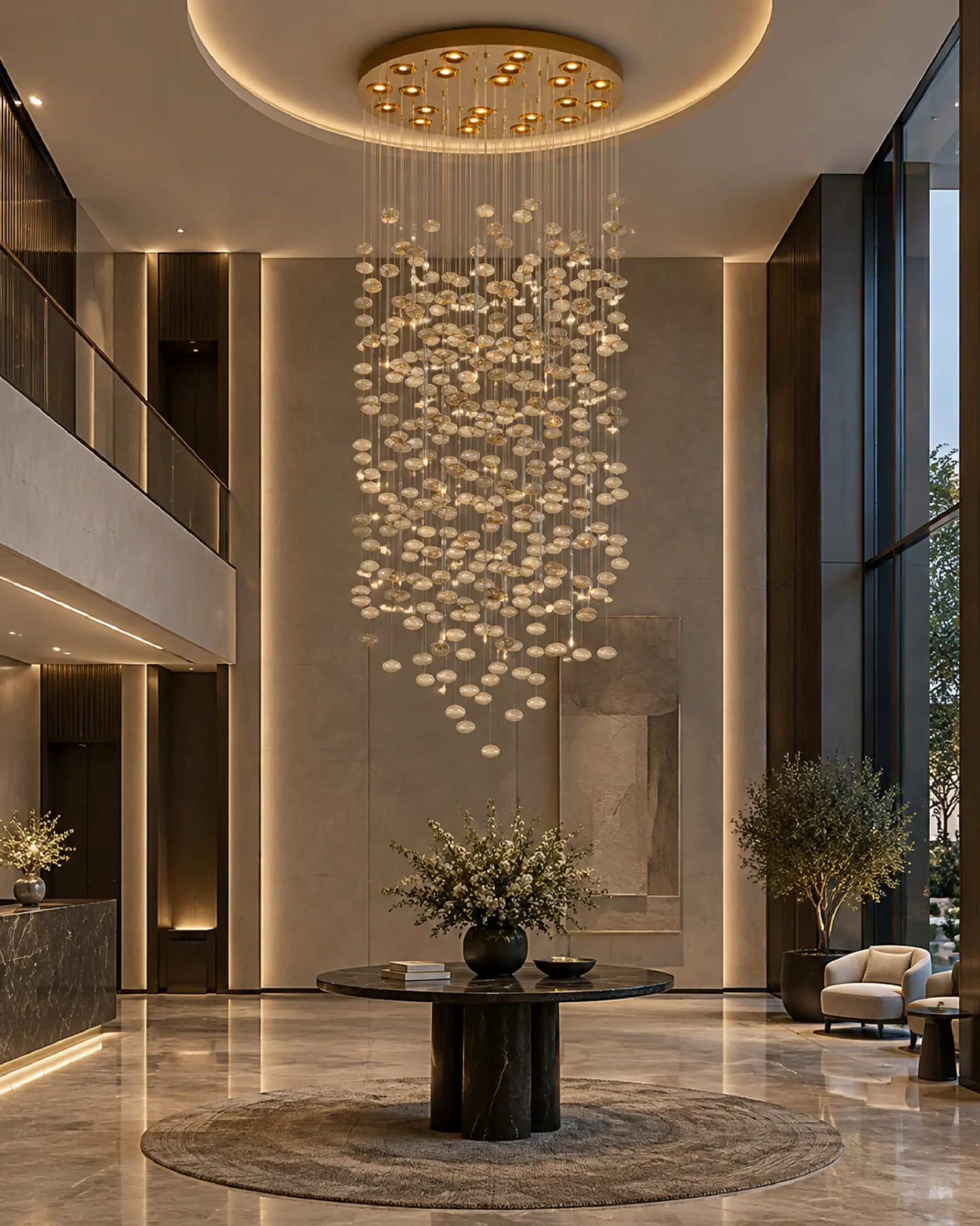 Rain_120cm_Lobby-04 لوستر وید و لابی قطر 120 رین Rain در حالت روشن و با حباب های عسلی و به صورت اجرا شده در محیط- مدنور